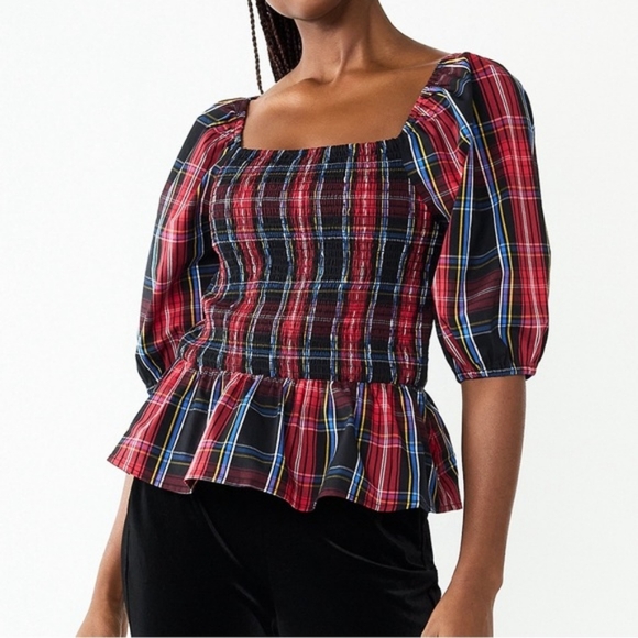 Draper James RSVP Plaid Smocked Peplum Top - Picture 1 of 14